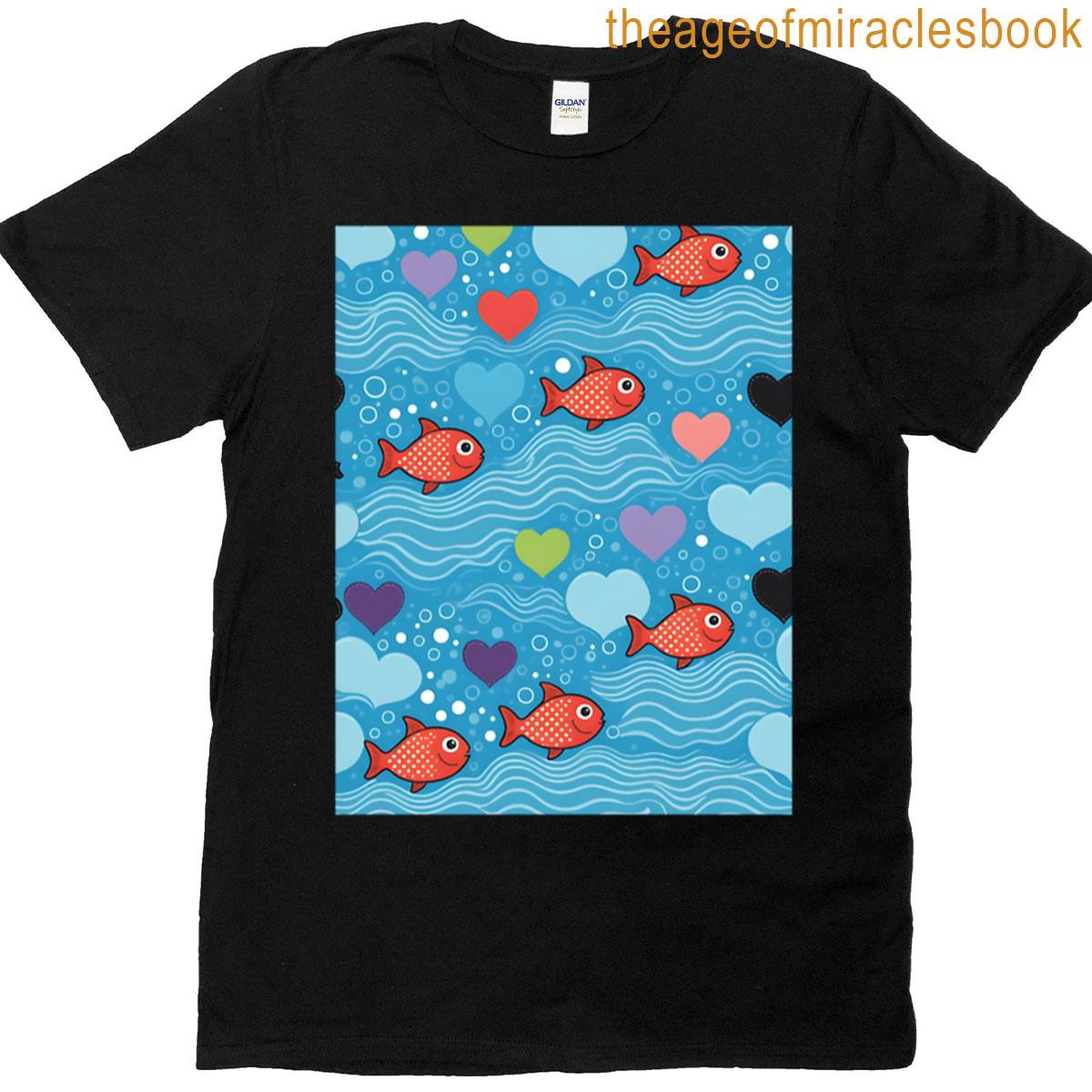 Smiling Fish With Hearts Bubbles And Waves T-shirt