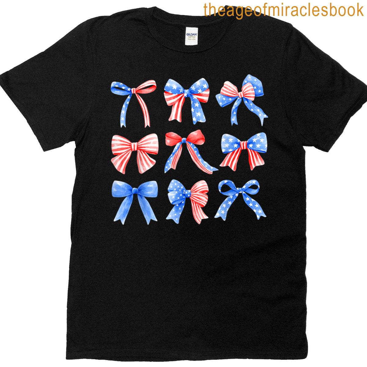 Coquette Bows Red White Blue Usa Flag 4th Of July Women Girl T-shirt