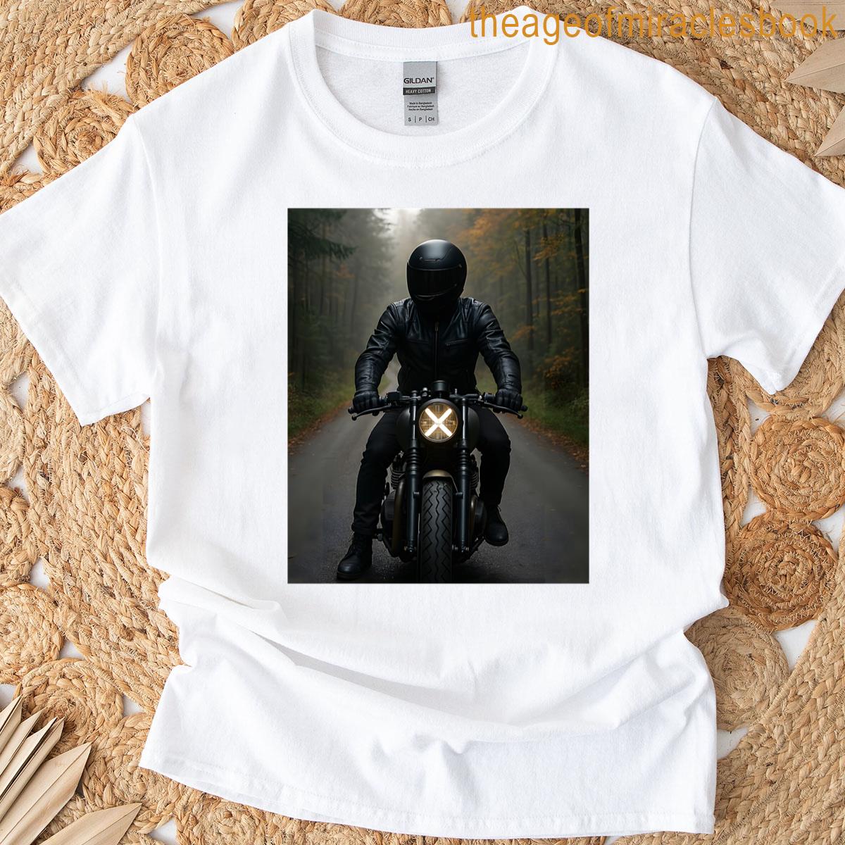 Person On A Motorcycle With A Glowing Headlight On A Forest Road Graphic T-shirt