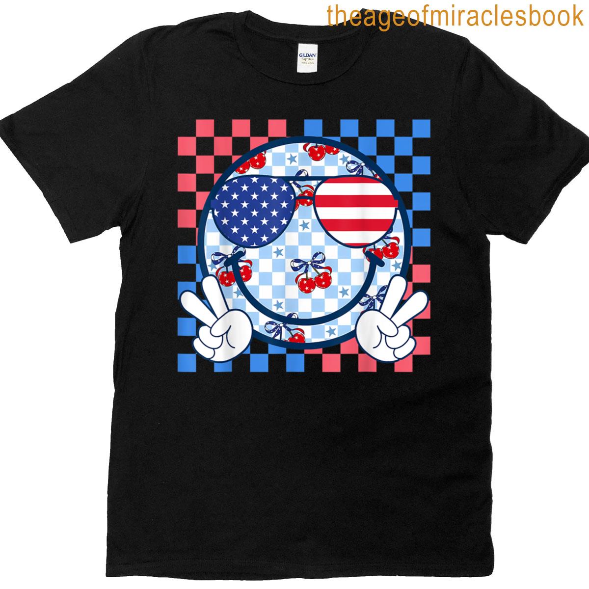 Groovy Smile Face 4th Of July Cherry Coquette Patriotic Usa T-shirt