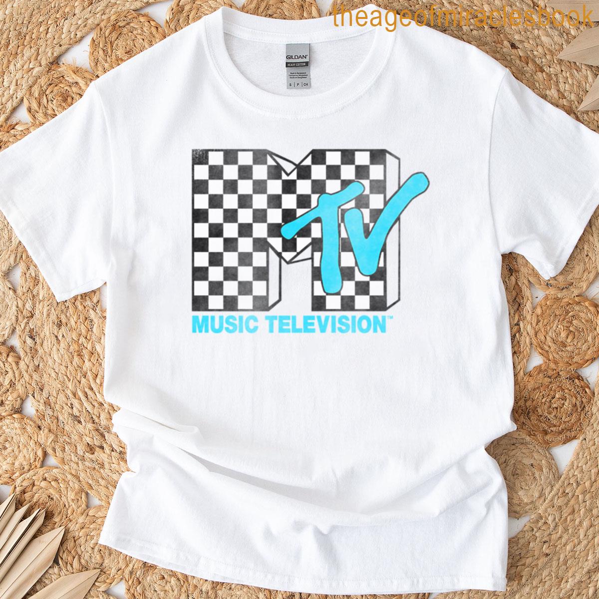 Mtv Checkered Light Blue Distressed Logo T-shirt