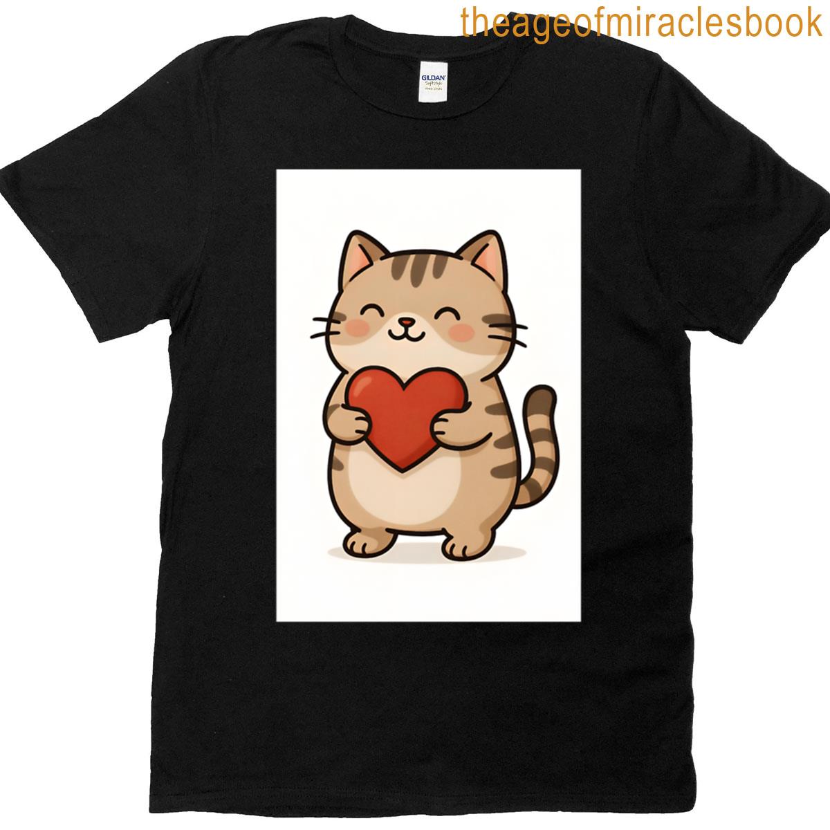 Cute Cartoon Cat Holding Heart Love Oversized T-shirt