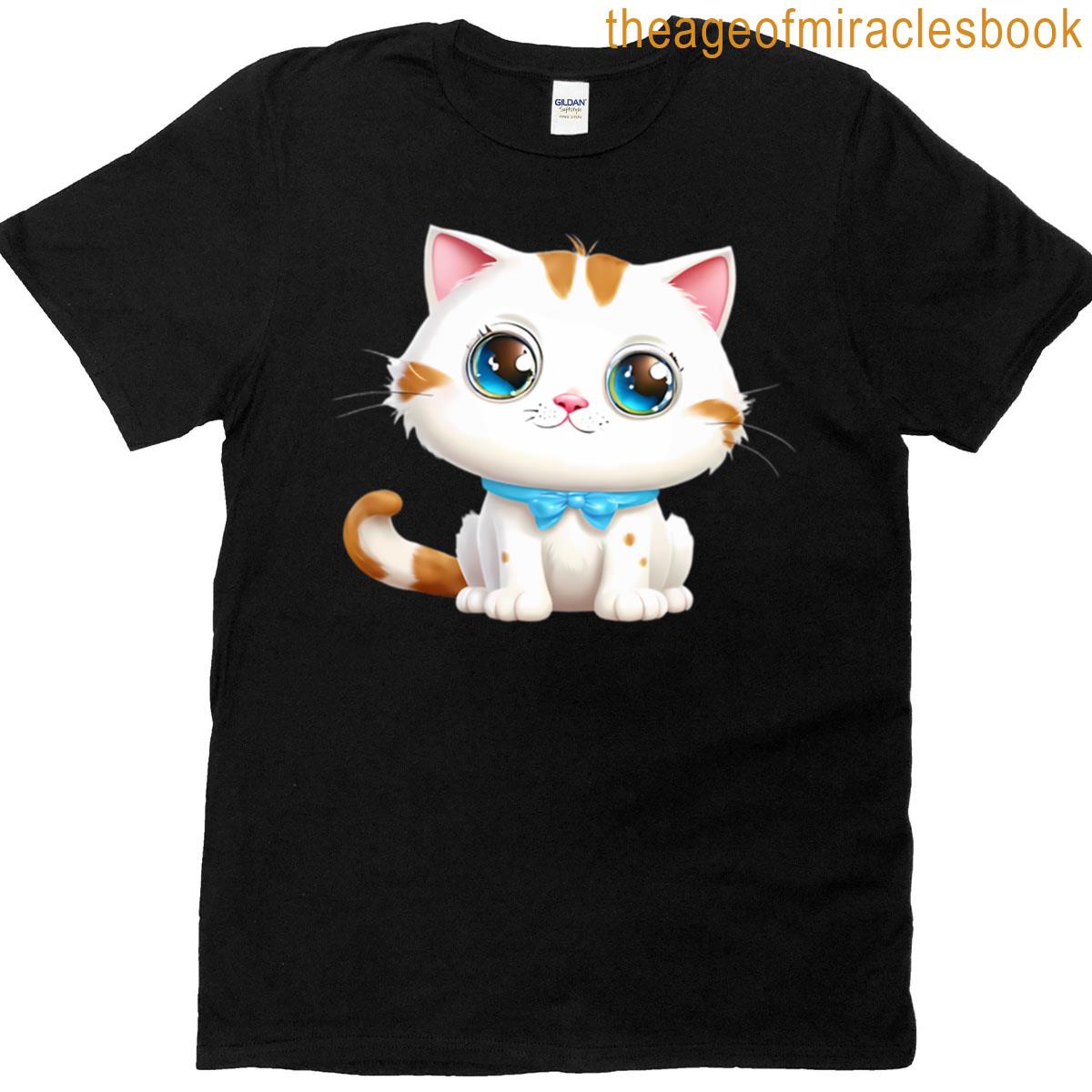Cute Cartoon Cat With Blue Bow T-shirt