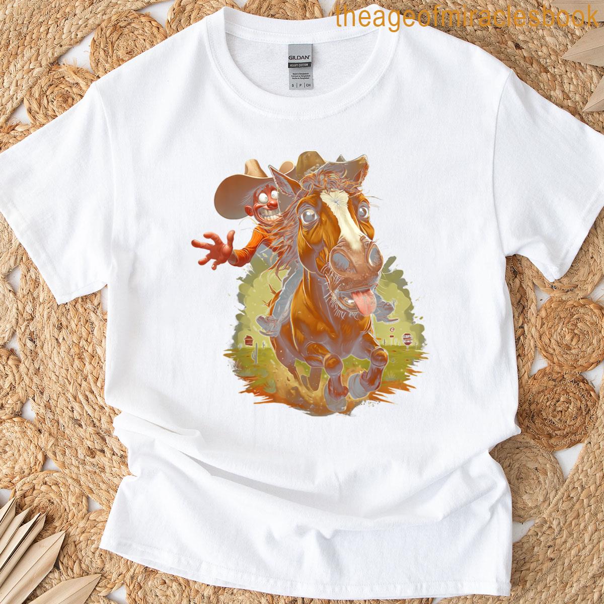 Comic Cartoon Style Western Cowboy Riding Horse Tongue Out T-shirt