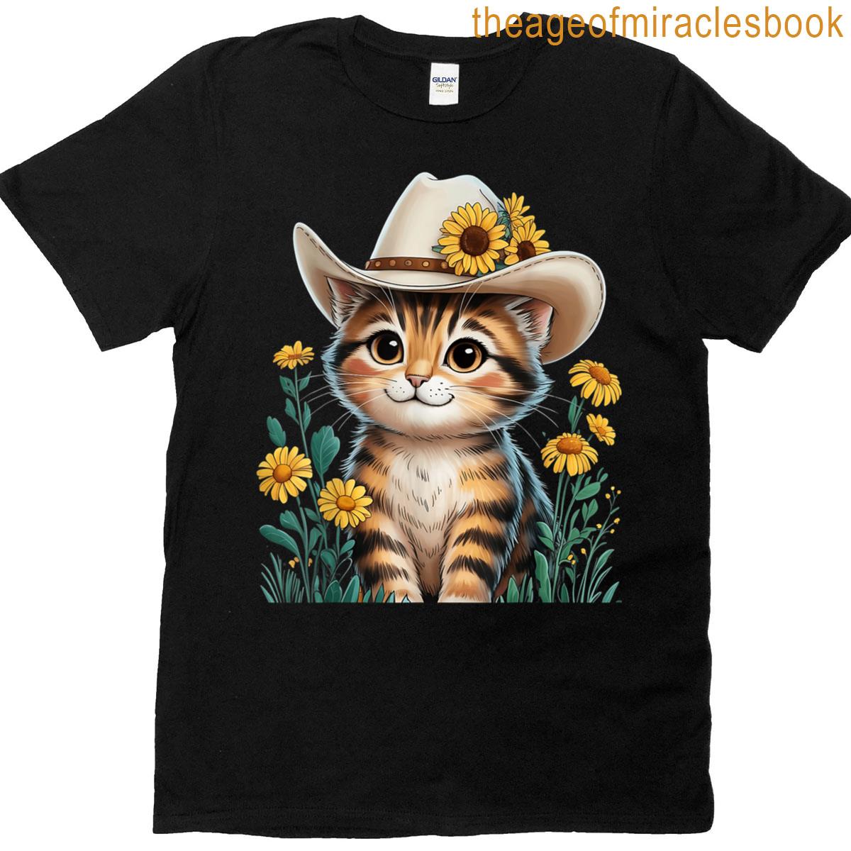 Cute Cartoon Cat In Cowboy Hat With Sunflowers Rustic T-shirt