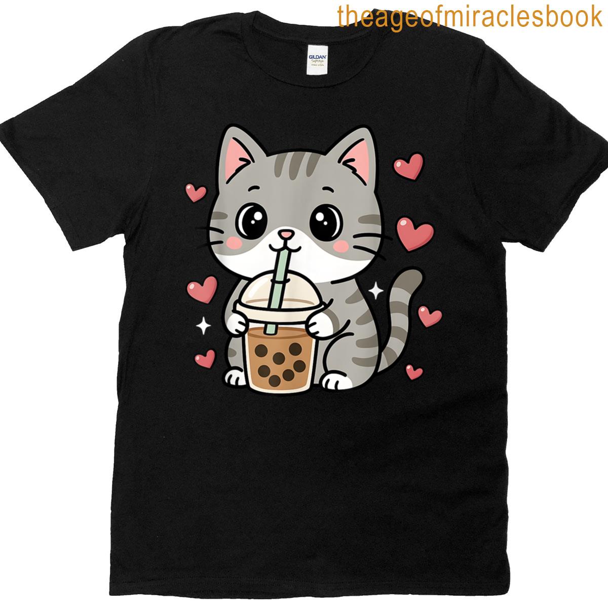 Cute Grey Cat Boba Tea Bubble Tea Anime Kawaii Neko Women T-shirt