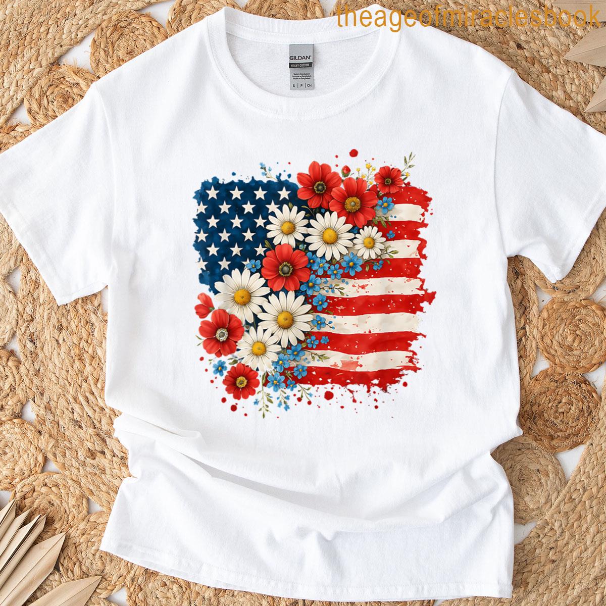 Floral American Flag Daisy 4th July Women Girls Patriotic T-shirt