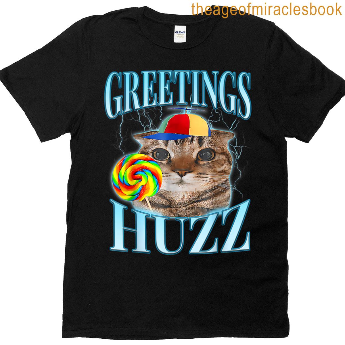 Funny Lollipop Cat Meme Greetings Huzz T-shirt