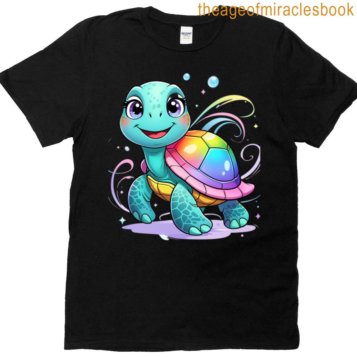 Adorable Rainbow Turtle Cute Cartoon Design With Bubbles Swirls T-shirt