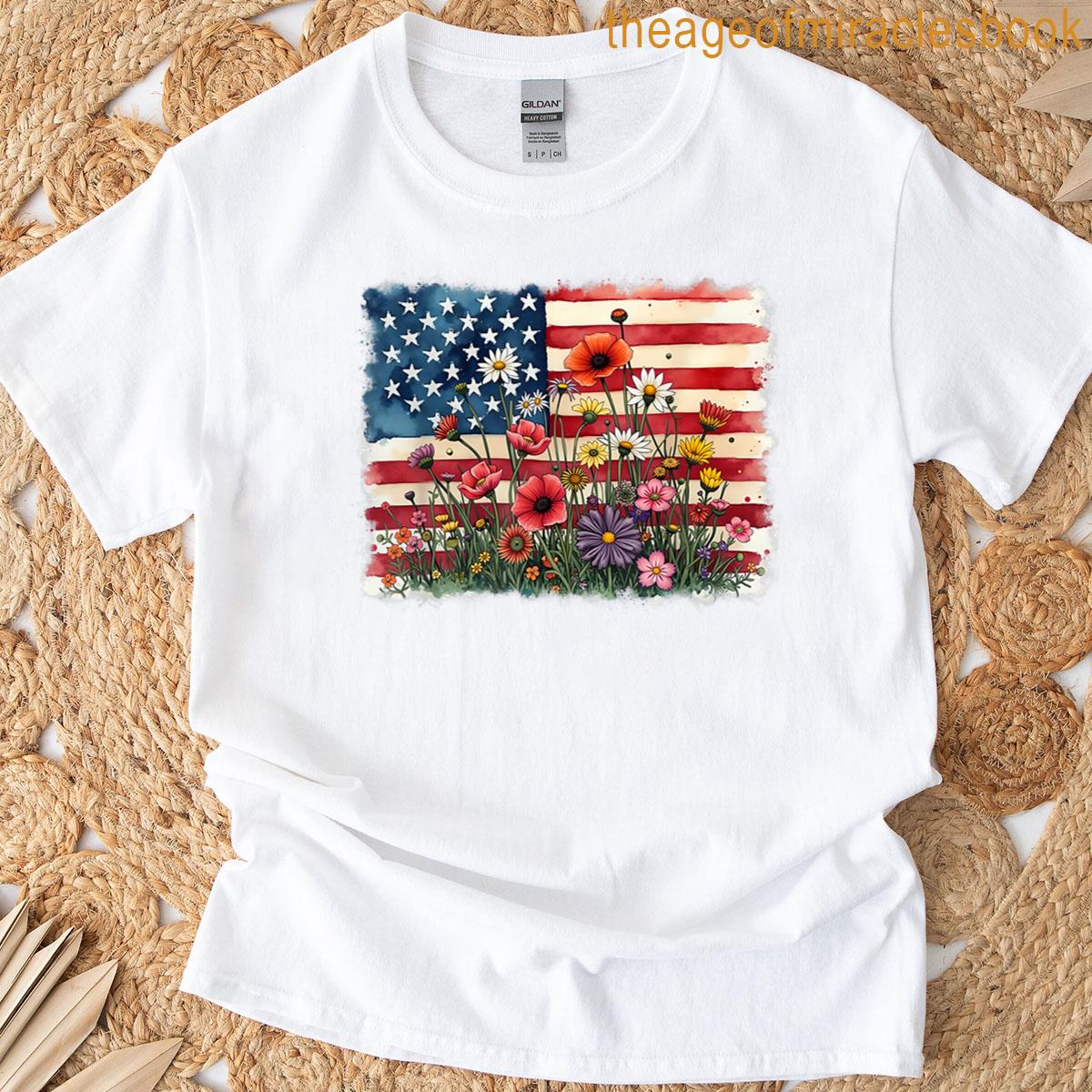 American Flag Floral Patriotic Wildflower 4th Of July Women T-shirt