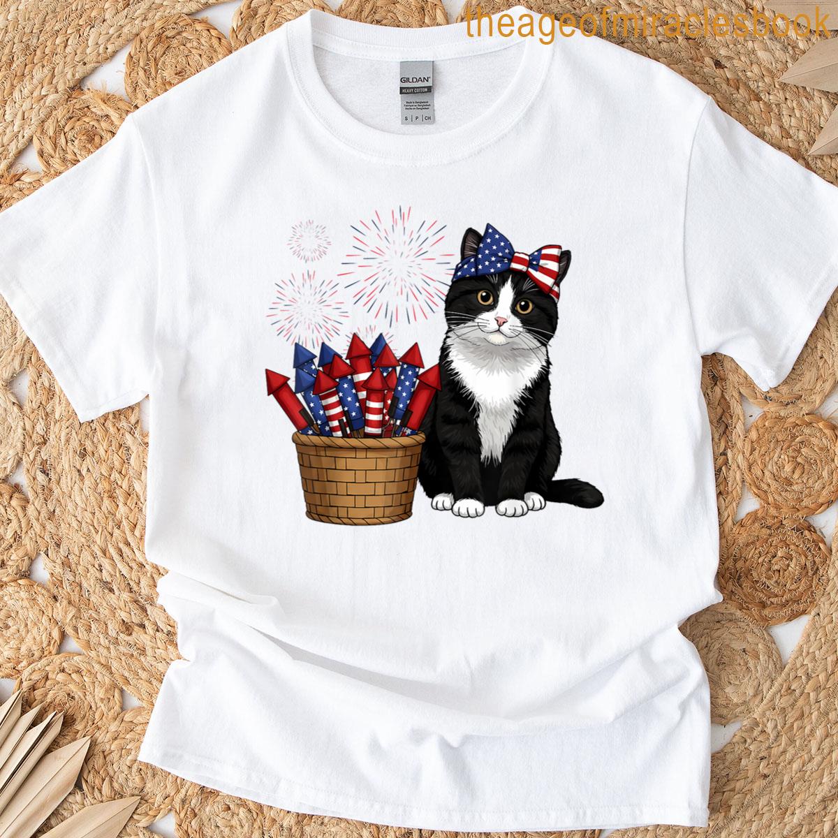 4th Of July Cat And Fireworks Design For Men Women Kids T-shirt