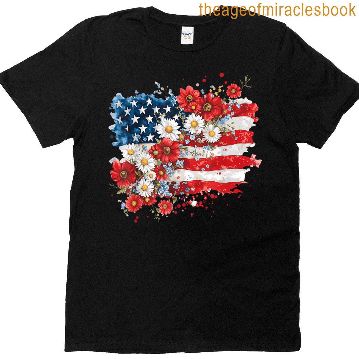 Floral American Flag Daisy 4th July Women Girls Patriotic T-shirt