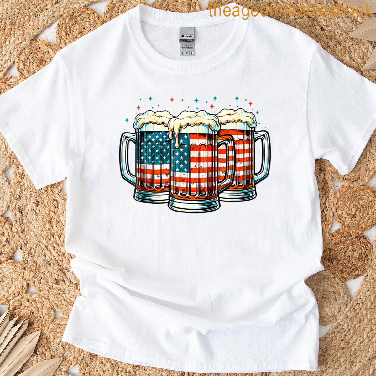 Beer American Flag 4th Of July Men Women Merica Drinking Usa T-shirt