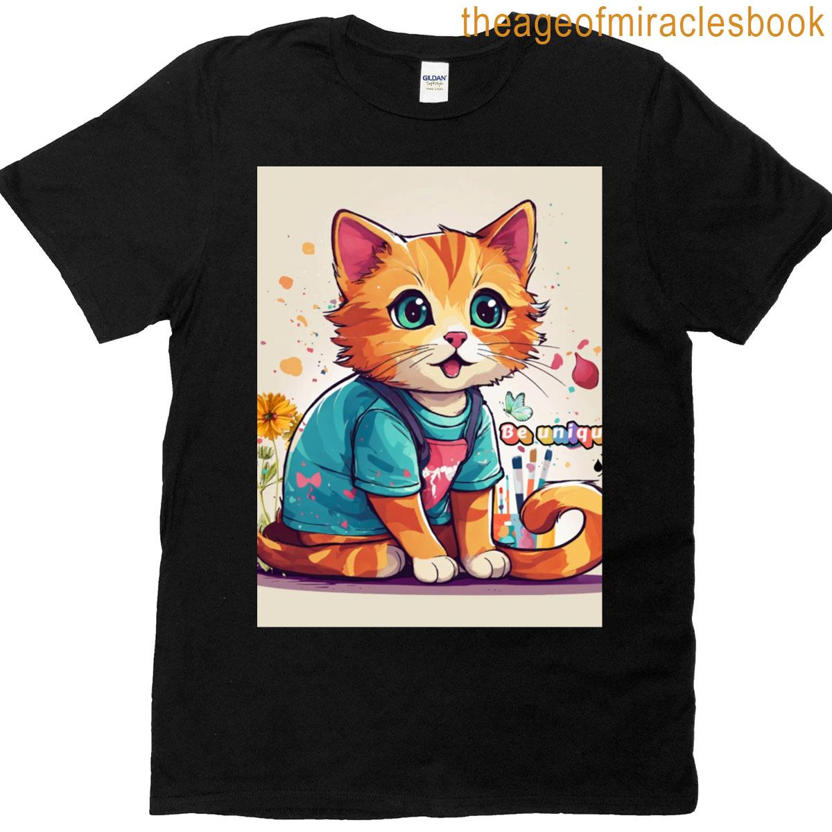 Chibi Orange Cat With Be Unique Quote Colorful Artistic Kawaii Design Graphic T-shirt