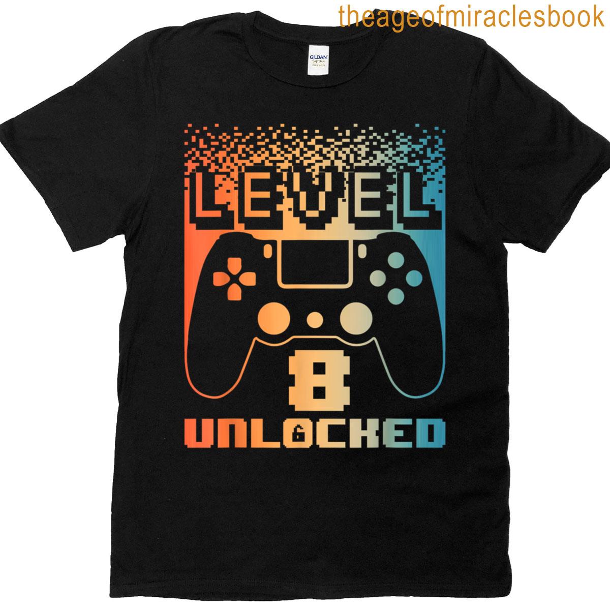 8th Birthday Art For Boys Level 8 Unlocked Gamer 8 Year Old T-shirt