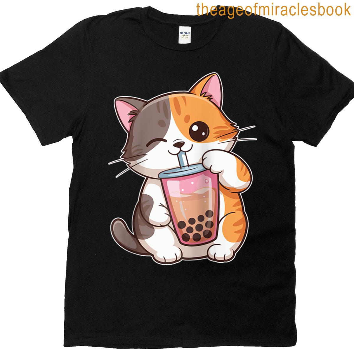 Cute Cartoon Cat Holding Bubble Tea Kawaii Drink Animal Raglan Baseball Tee T-shirt