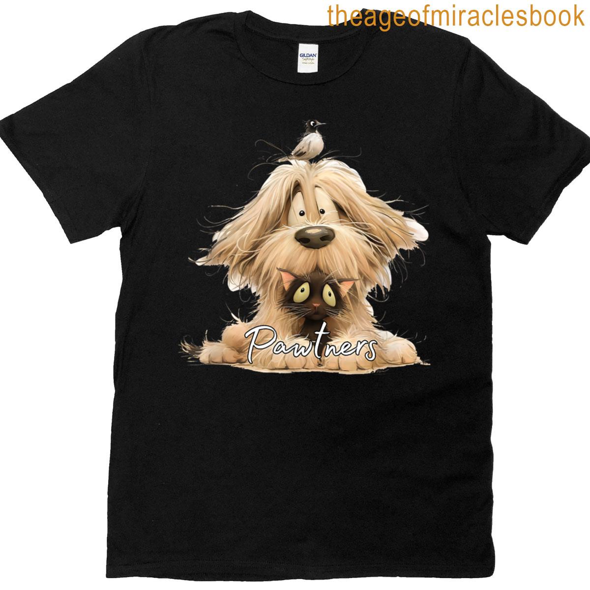Pawtners Funny Cartoon Dog Cat Friendship Motif T-shirt