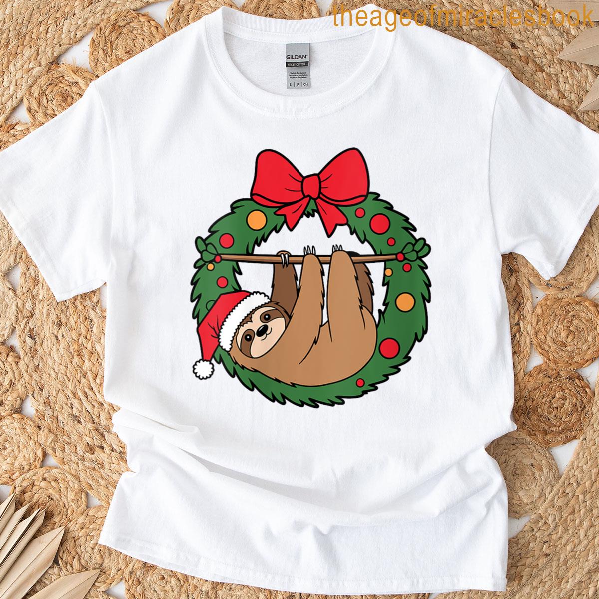 Womens Christmas Sloth In Wreath Cartoon T-shirt