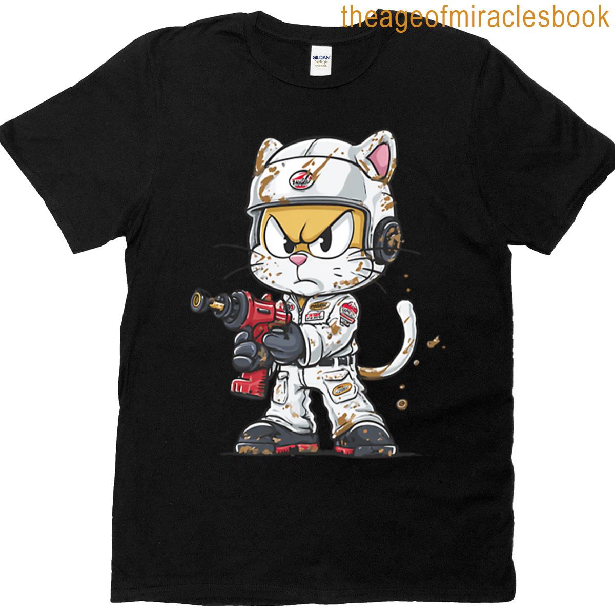 Pit Stop Cat Angry Mechanic Cartoon Cat With Drill T-shirt