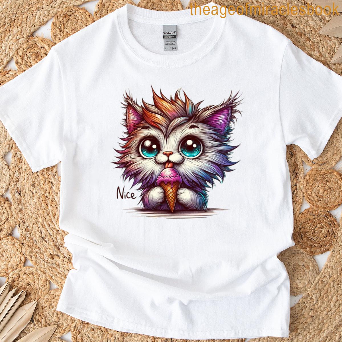 Cute Ice Cream Kitty Big Eyes Chibi Cat Illustration T-shirt