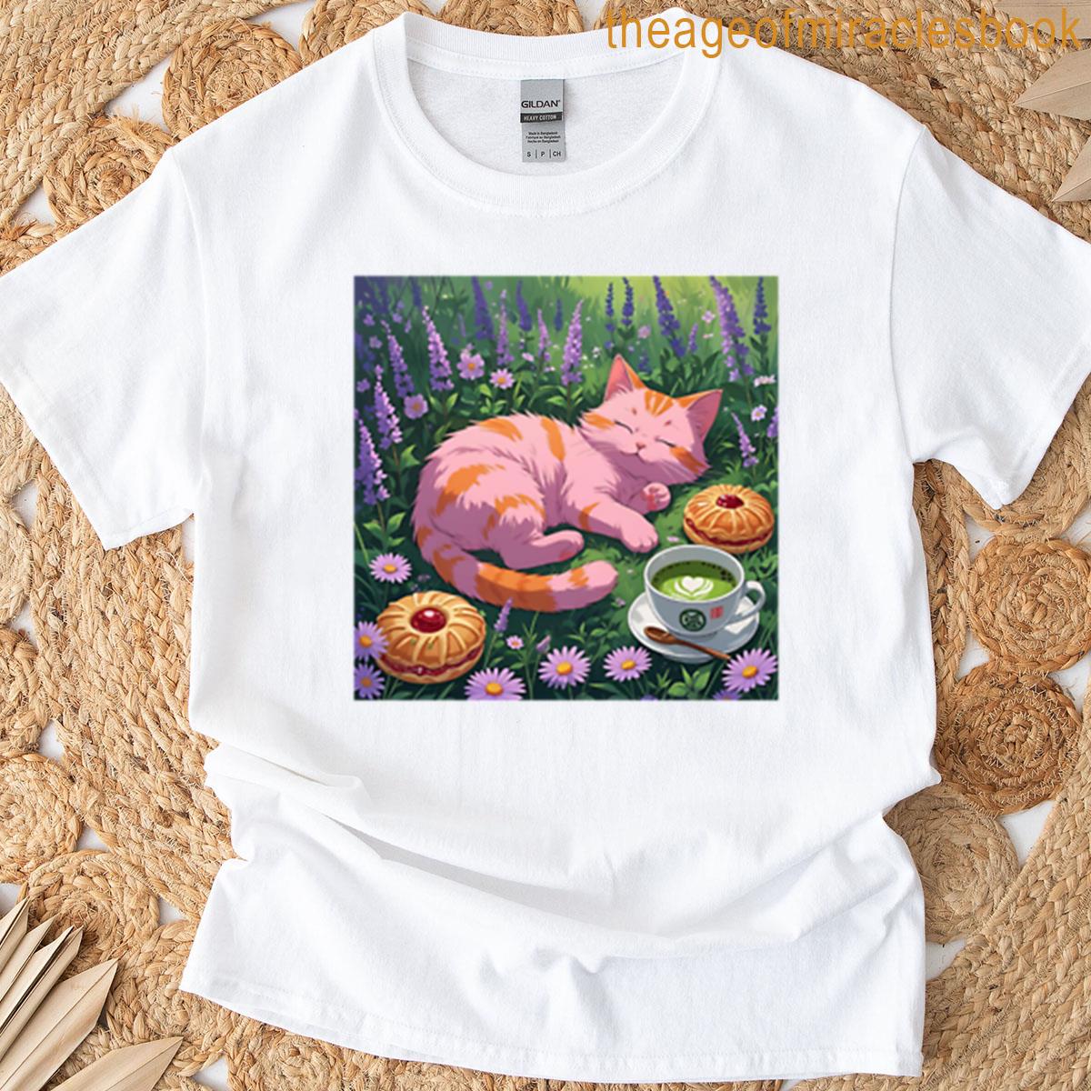 Pink And Orange Cat Laying In Flowers T-shirt