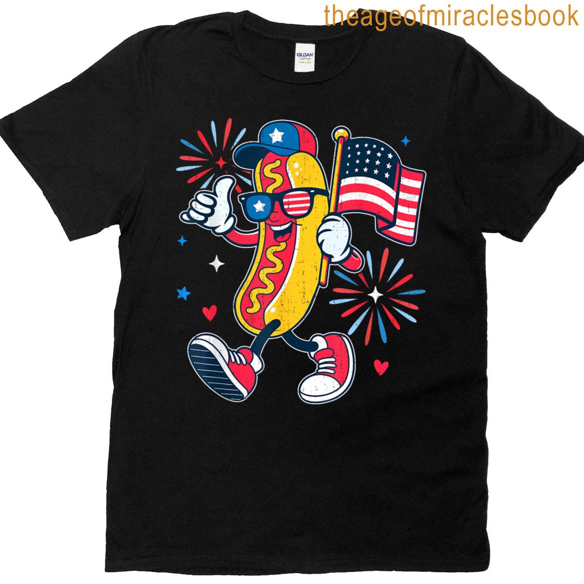 Funny Patriotic Hotdog Usa Flag Firework July 4th Men Women T-shirt