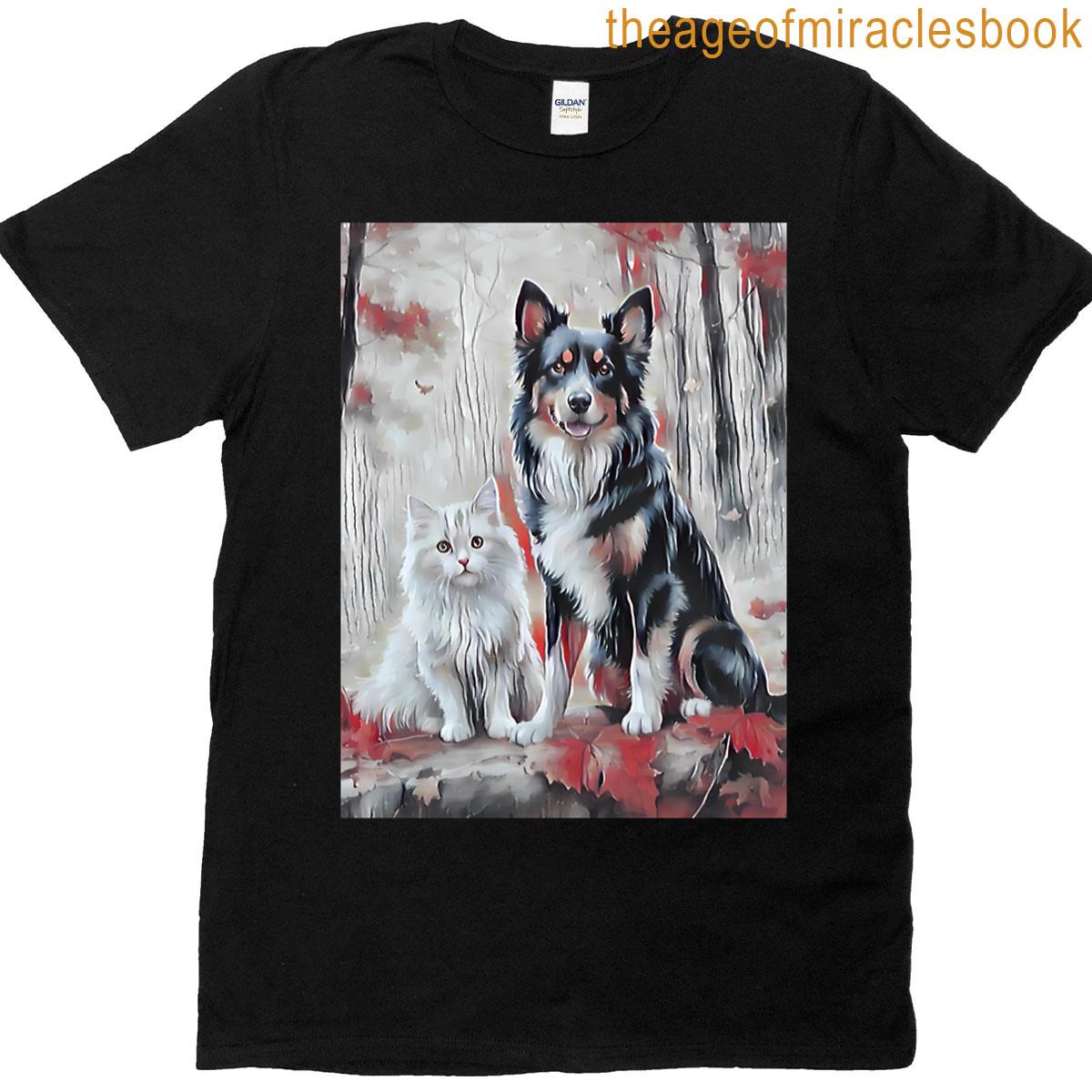 2 Forest Friends In Bloom Dog And Cat Nature Art T-shirt