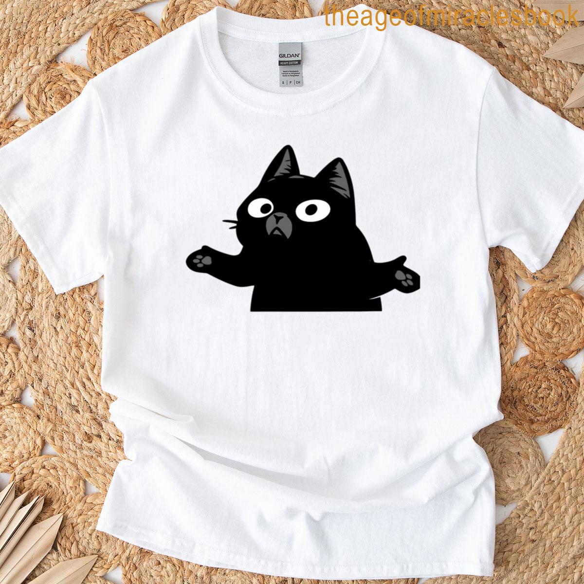 Confused Black Cat Funny Expression Cartoon Art T-shirt