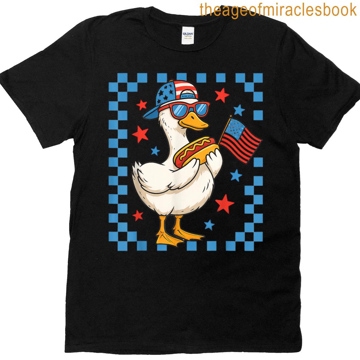 Funny Patriotic Duck Usa Flag Hot Dog 4th Of July Kids Boys T-shirt