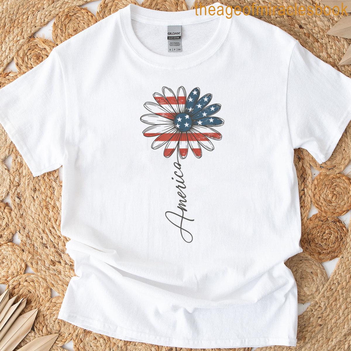 American Flag Daisy Cute Patriotic Floral Women 4th Of July T-shirt