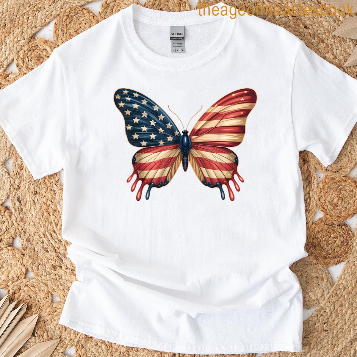 Butterfly Cute 4th Of July Funny American Flag Women Girls T-shirt