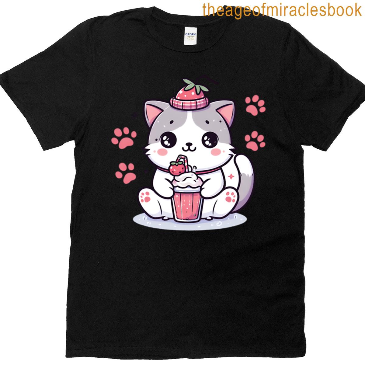 Cute Kawaii Kitty Eating Strawberry Smoothie Adorable Anime Cat Art Pastel Japanese-inspired Cat Des T-shirt