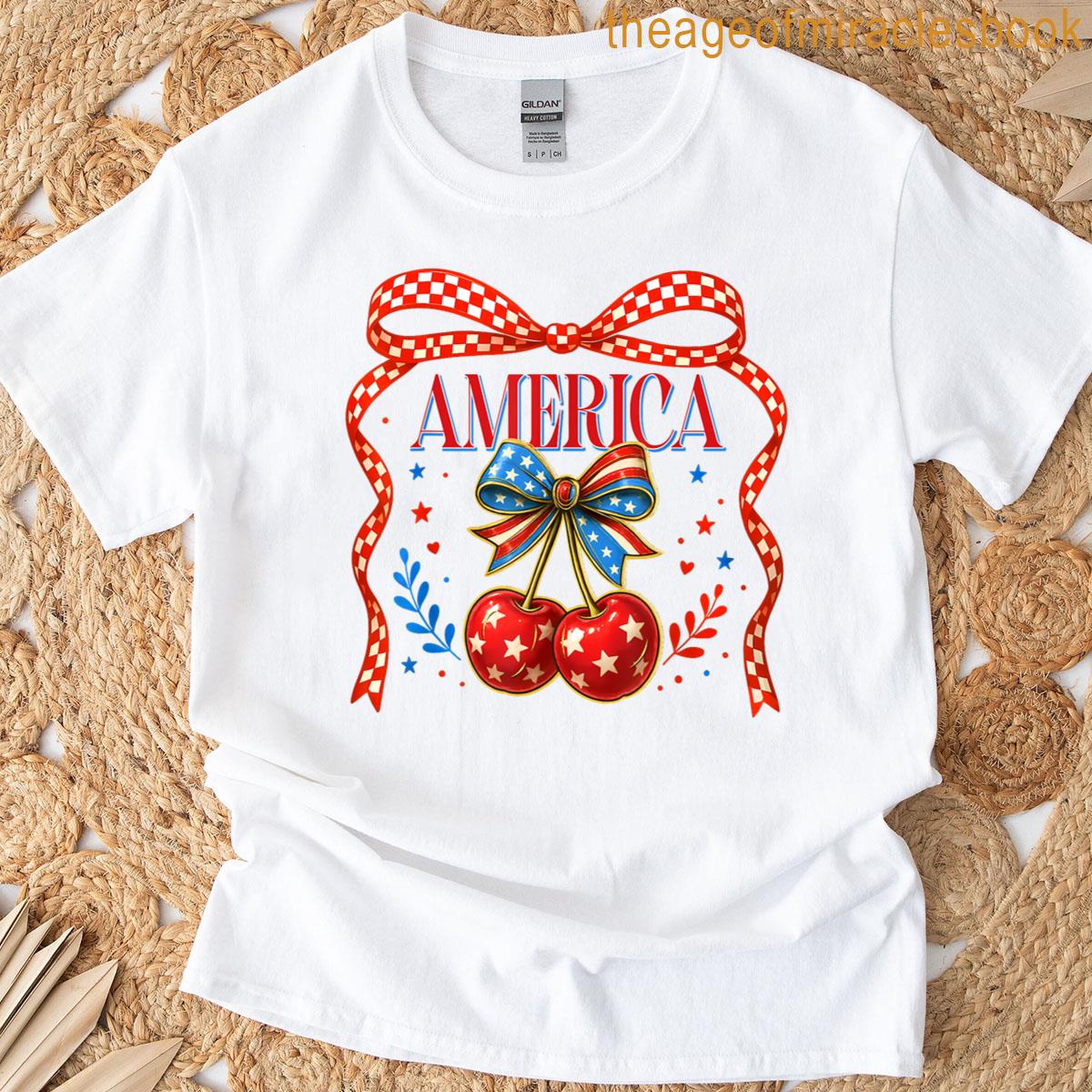 America Cherries Coquette Bow Cherry July 4th Usa Flag Women T-shirt
