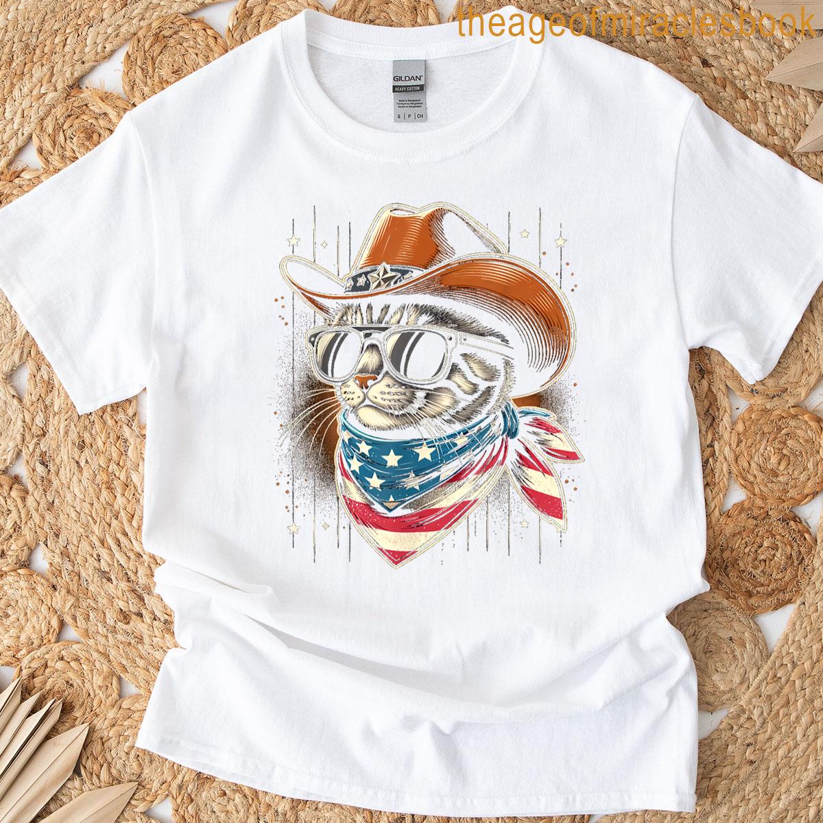 Funny Patriotic Cowboy Cat 4th Of July For Men Women Kids T-shirt