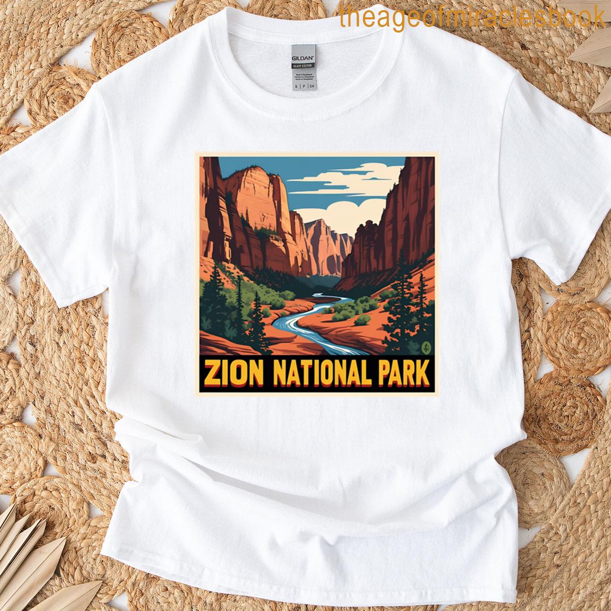 Zion National Park Vintage Travel Poster Canyon River Landscape Oversized T-shirt
