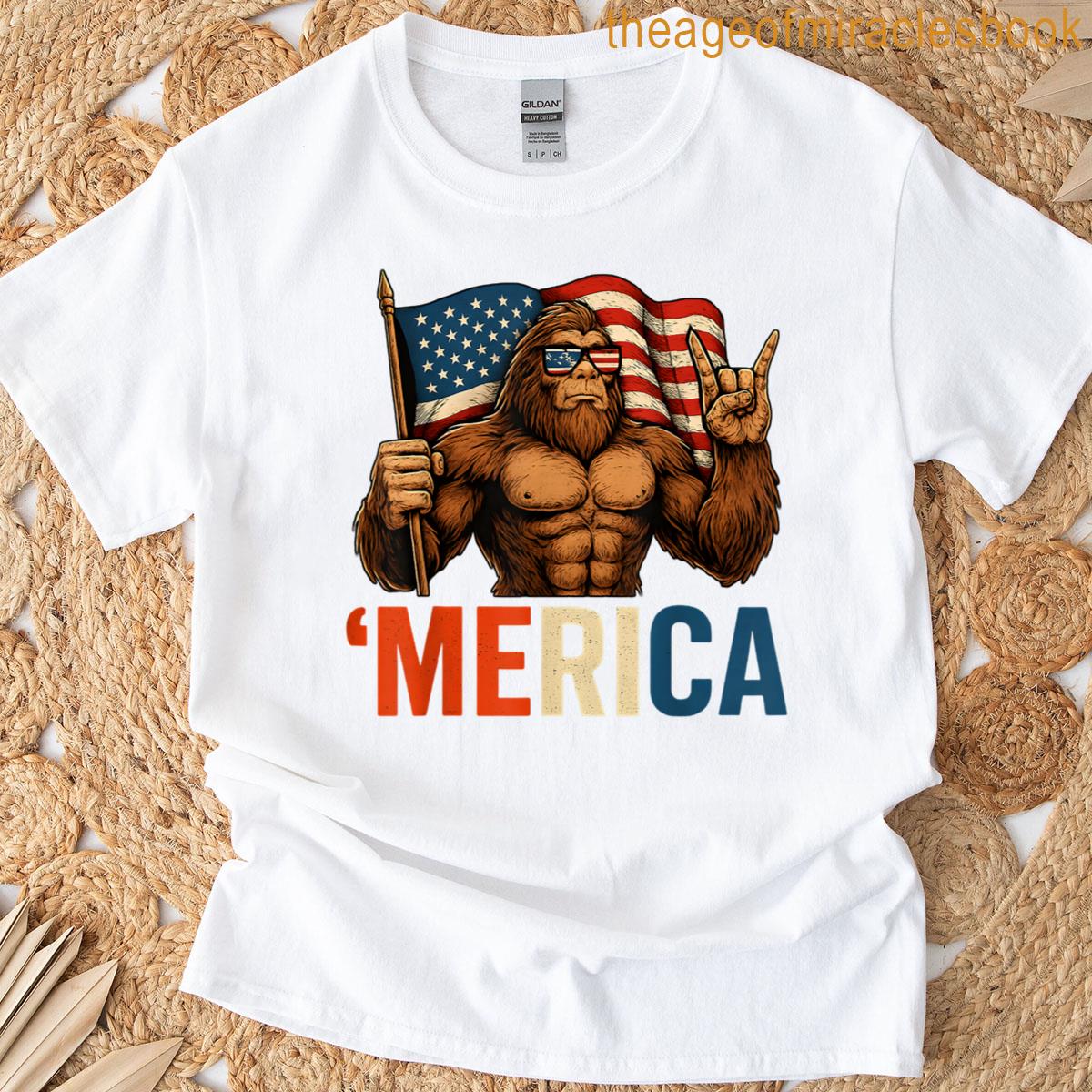 Bigfoot Merica Rock American Flag Patriotic Usa 4th Of July T-shirt