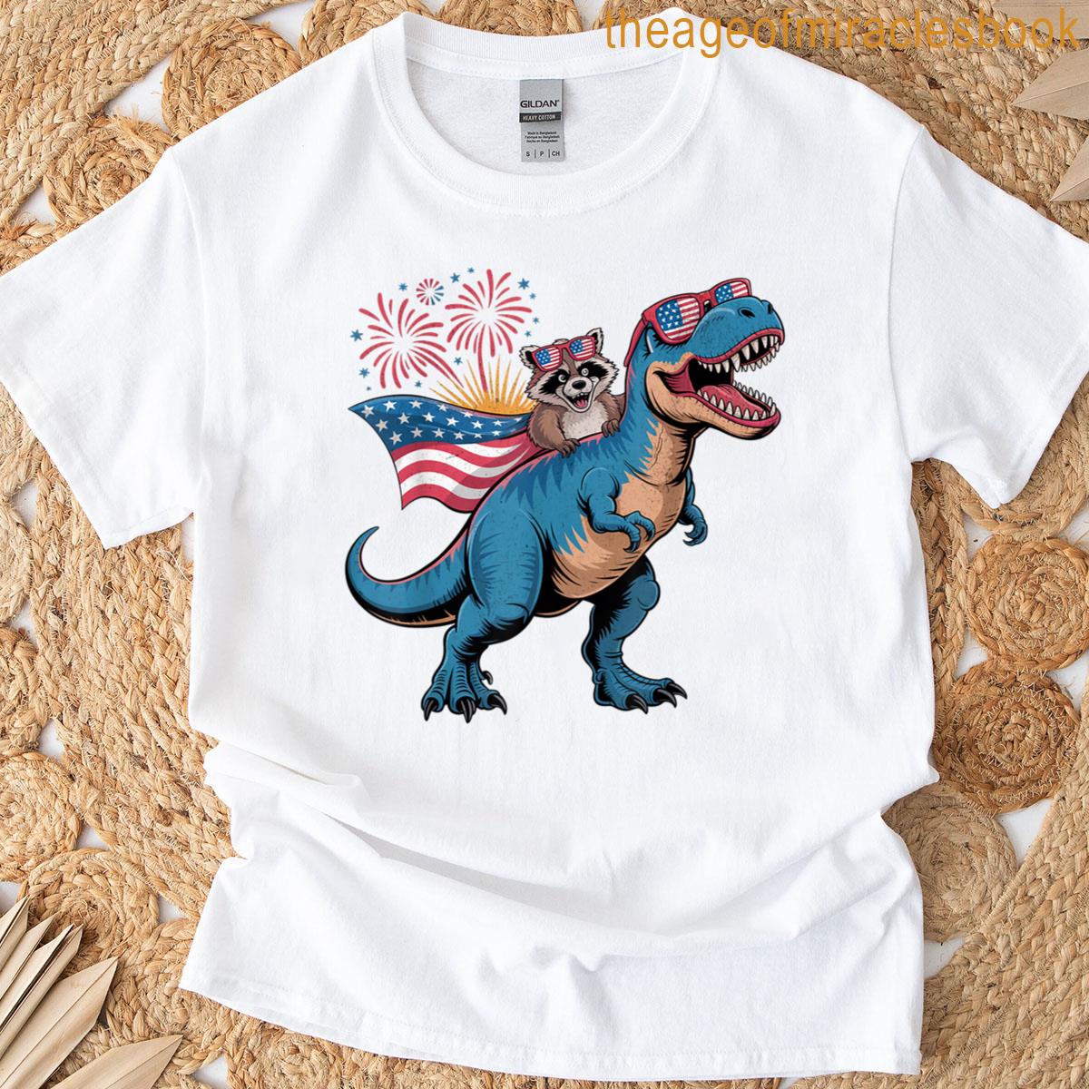 Funny Raccoon Riding T Rex 4th Of July Us Flag Patriotic T-shirt