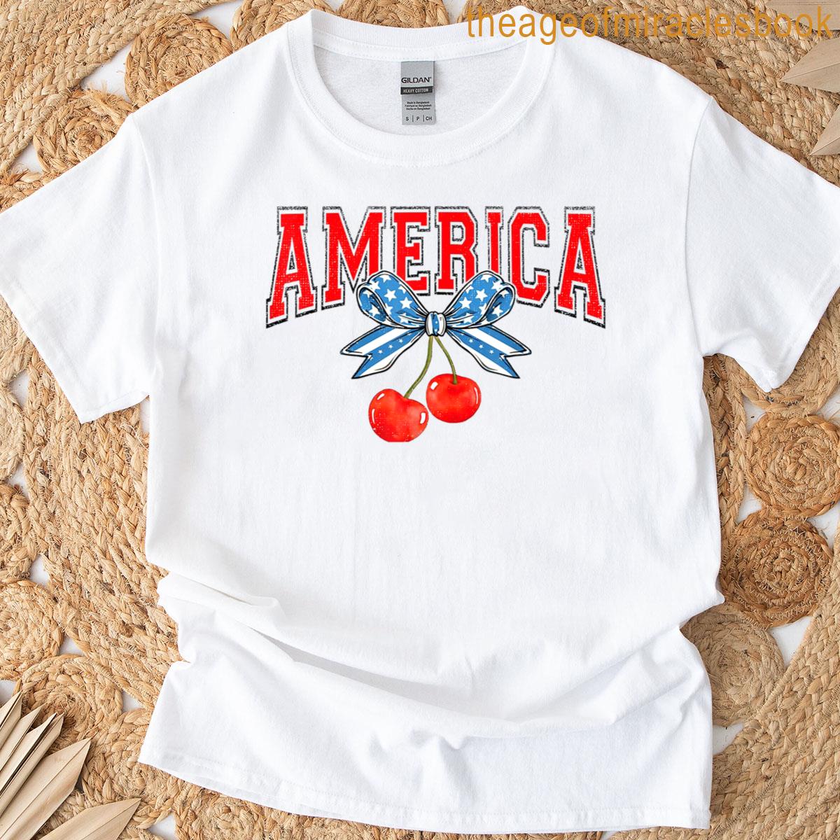 America Cherries Us Flag Coquette Bow Cherry 4th Of July T-shirt