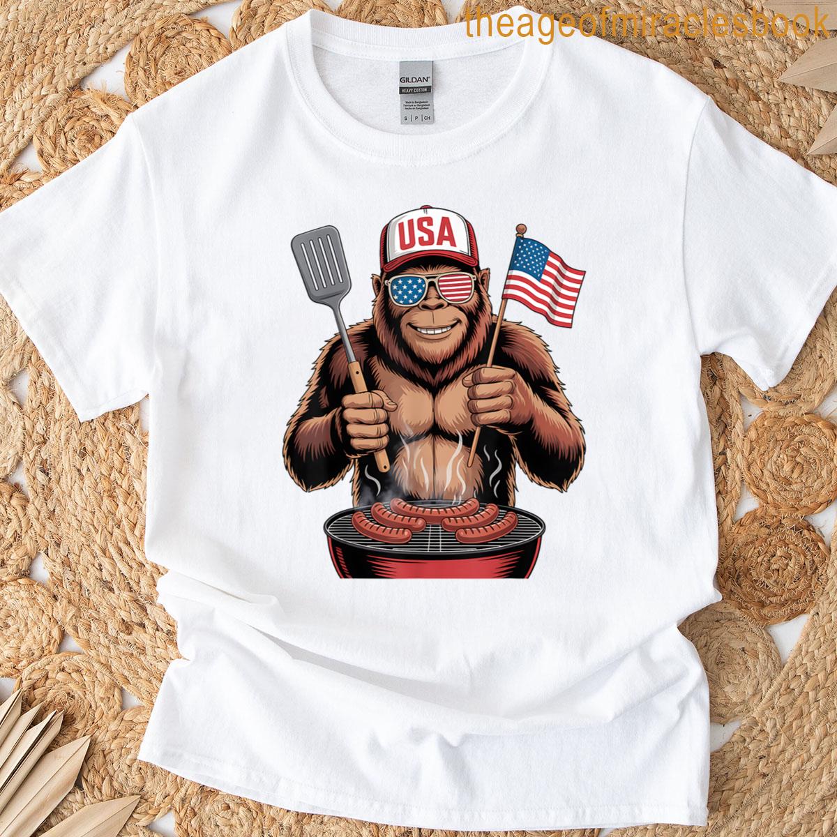 Bigfoot Bbq 4th Of July Funny Patriotic Sasquatch Usa Flag T-shirt