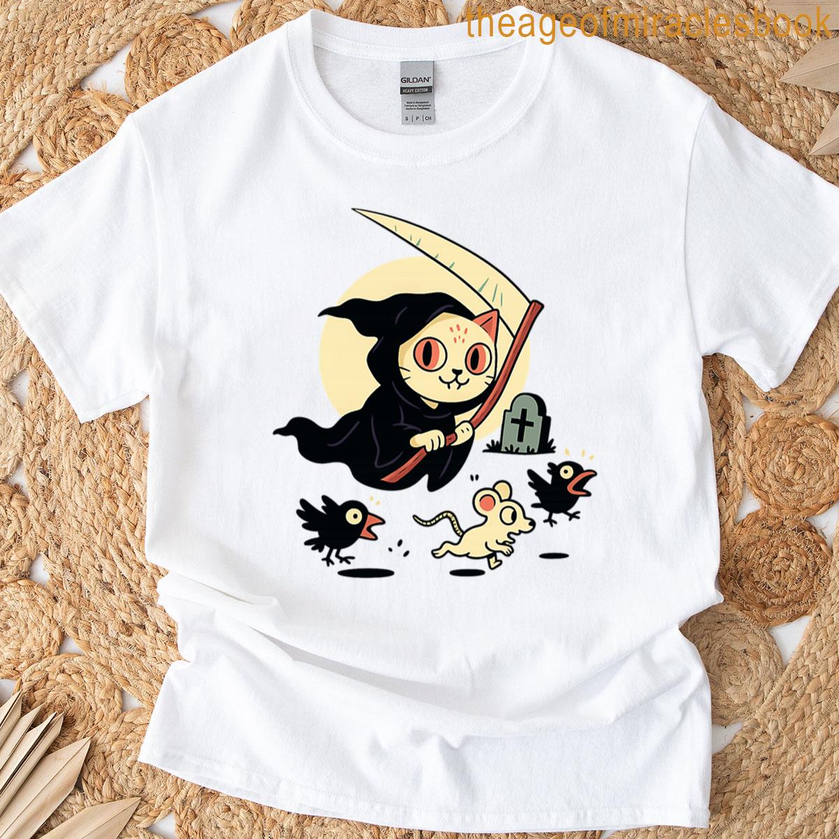 Cute Grim Reaper Cat Scythe Birds T-shirt