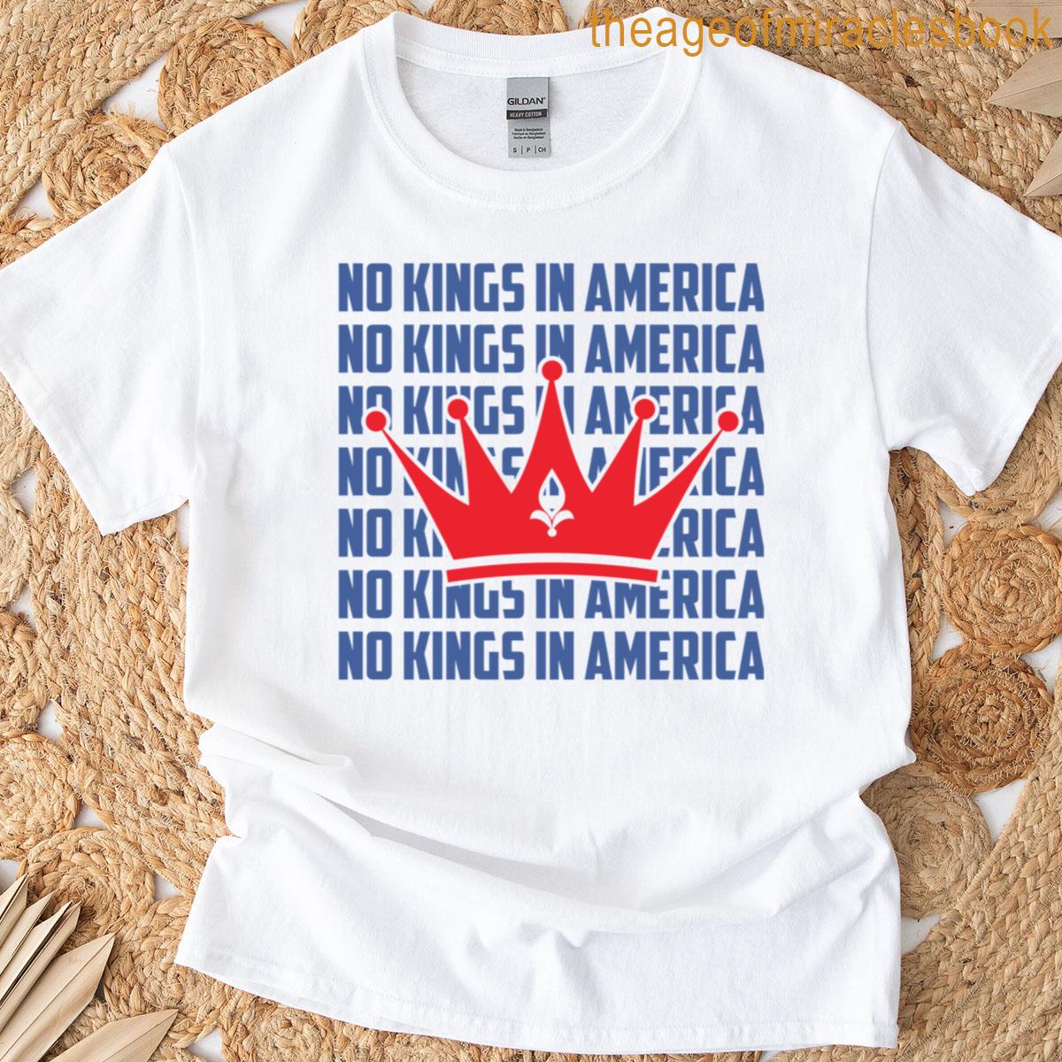 No Kings In America Repeated Text Red Crown Patriotic Statement Tee T-shirt