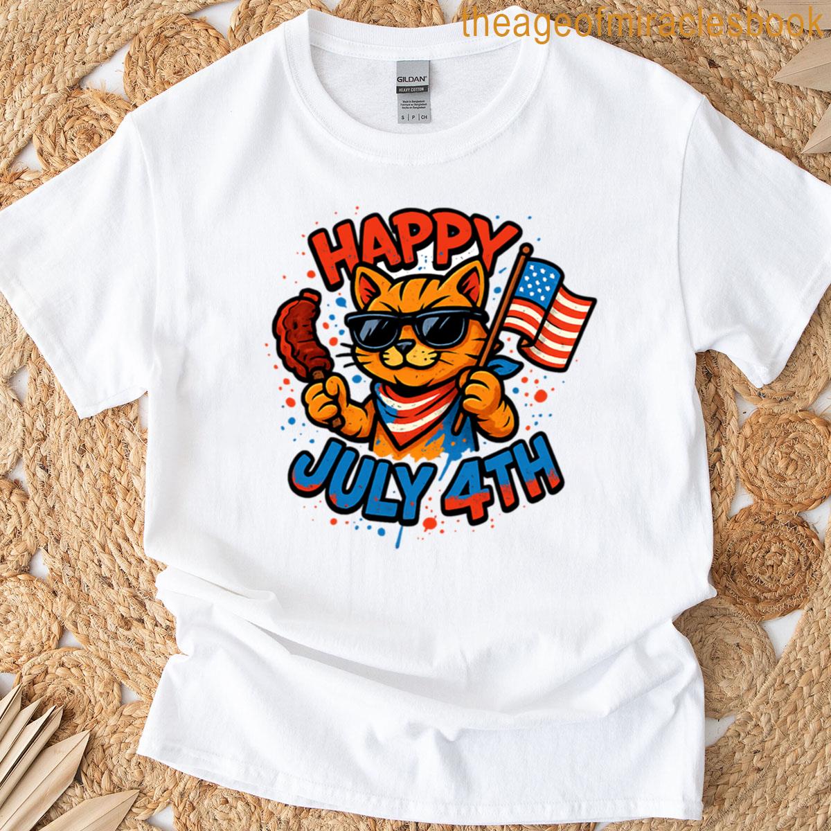 4th Of July Cat Sunglasses Bbq Rib American Flag T-shirt