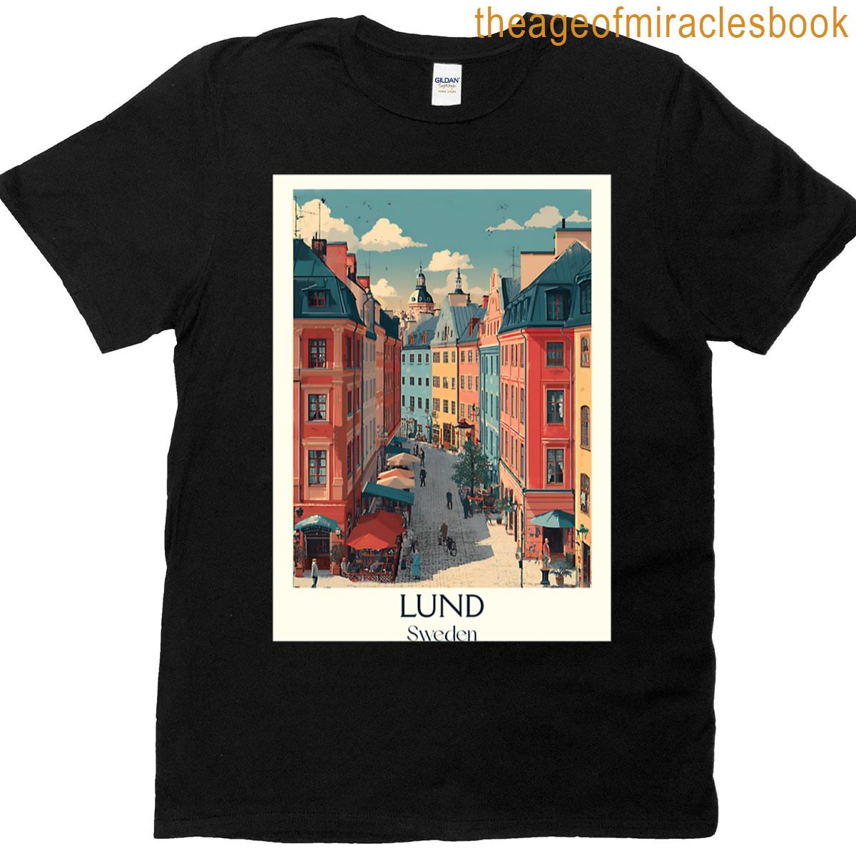 Lund Sweden Vintage Travel Poster Cobblestone Street Retro Art Print T-shirt