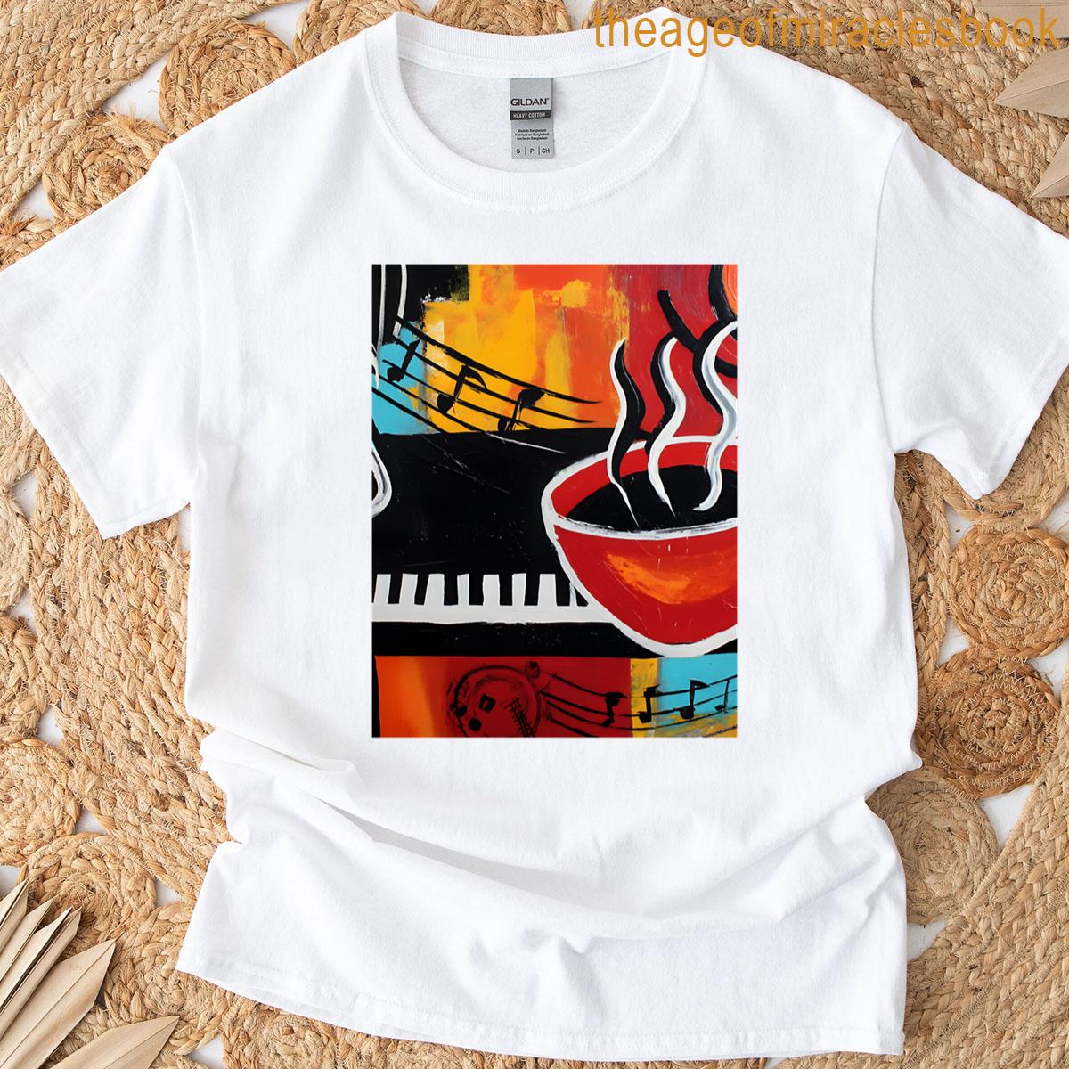 Steaming Red Coffee Cup On Piano Keyboard With Vibrant Musical Notes And Bold Energetic Patterns T-shirt