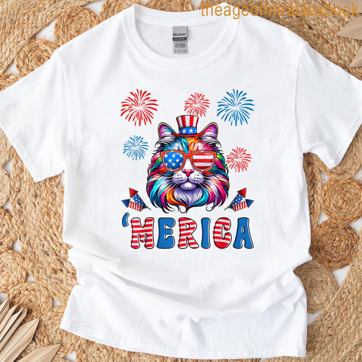 Merica Cat 4th Of July Usa American Patriotic Men Women Kids T-shirt