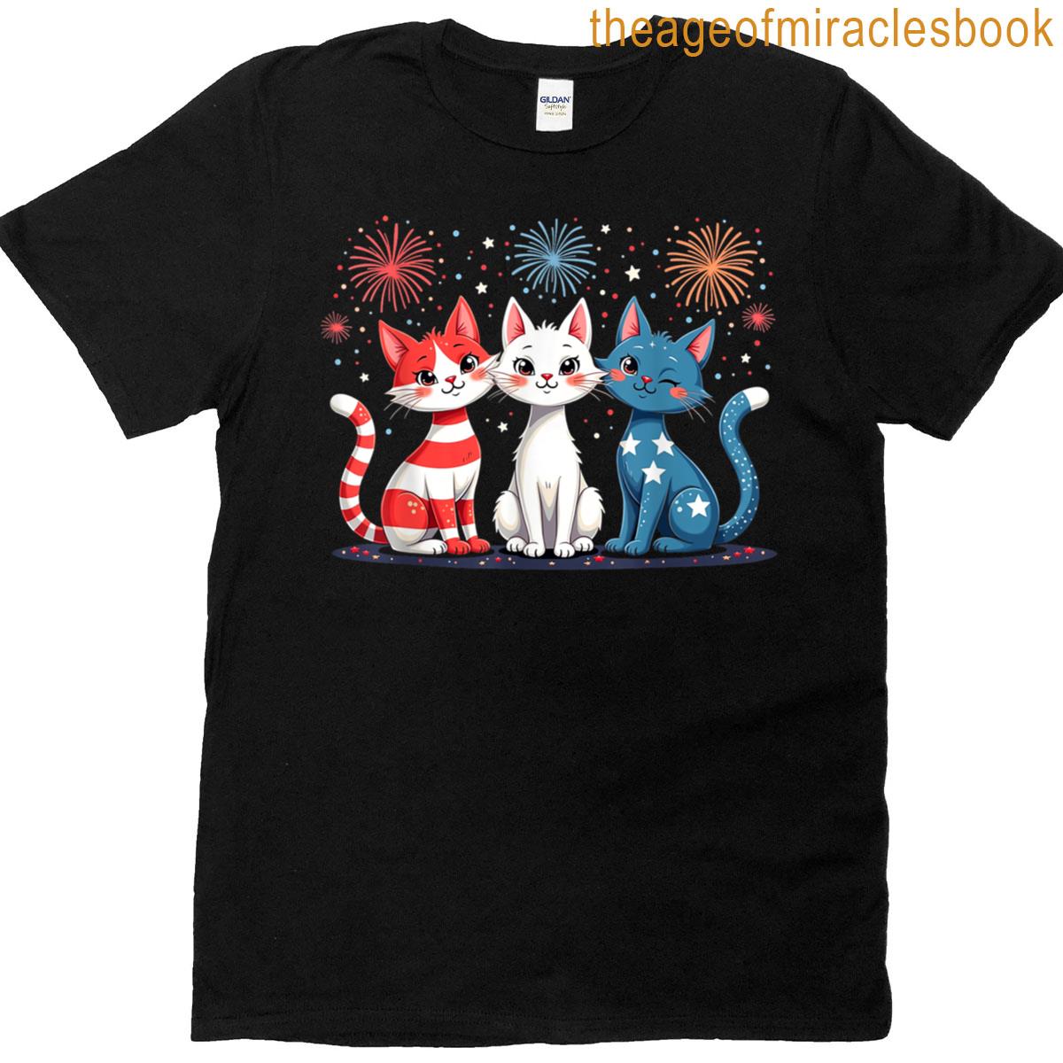 Red White Blue Cats Usa Flag Firework 4th Of July Men Women T-shirt