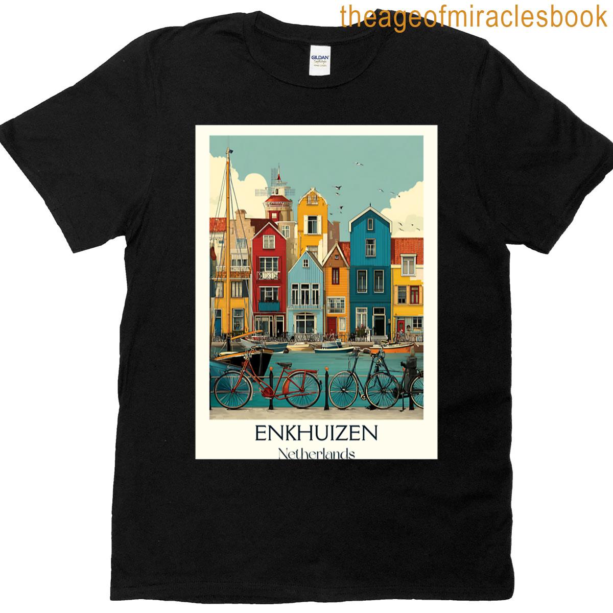 Enkhuizen Netherlands Vintage Travel Poster Harbor Town Bicycles Retro Art T-shirt