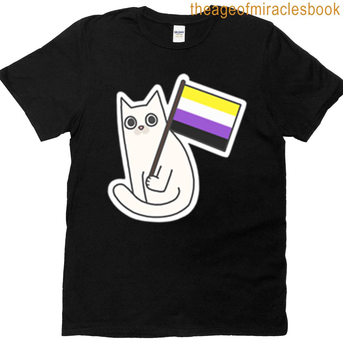 Non-binary Pride Flag White Cat Sticker T-shirt