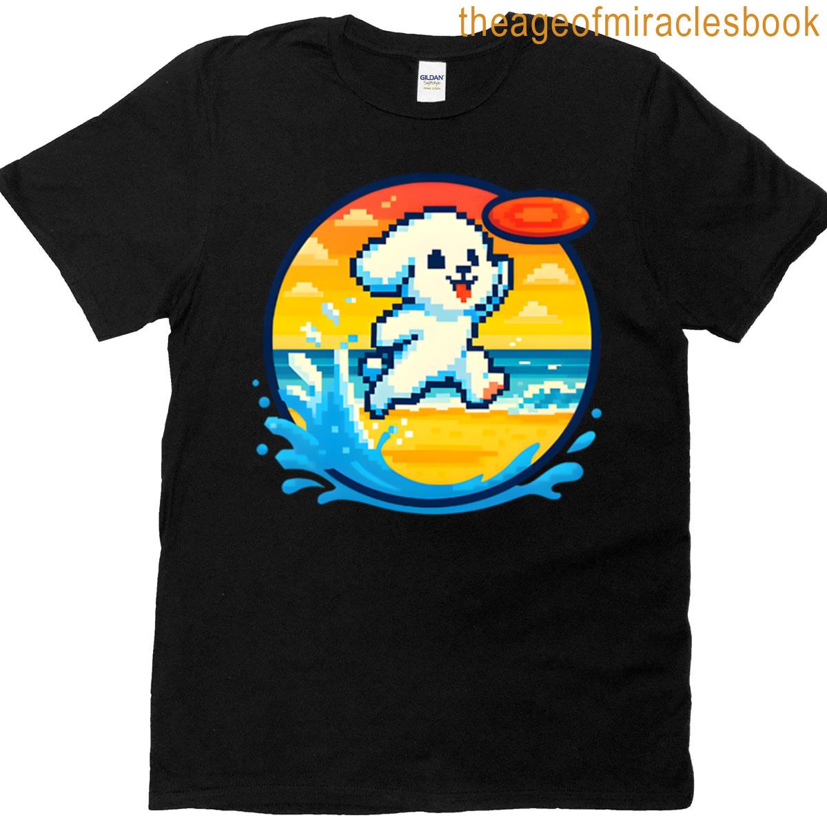 Pixel Bichon Catching Frisbee Retro Beach Sunset Dog Art T-shirt