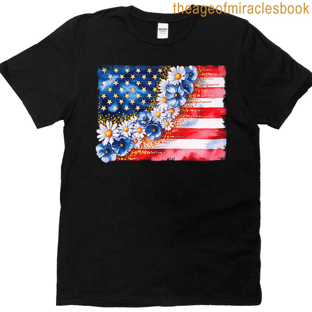 4th Of July Floral American Flag Stars Stripes Women 2 Sided Premium T-shirt